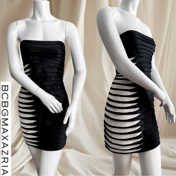 BCBGMaxAzria Black Ivory Mini Cocktail Party Shutter Pleated Dress Satin Tiered - Picture 1 of 11